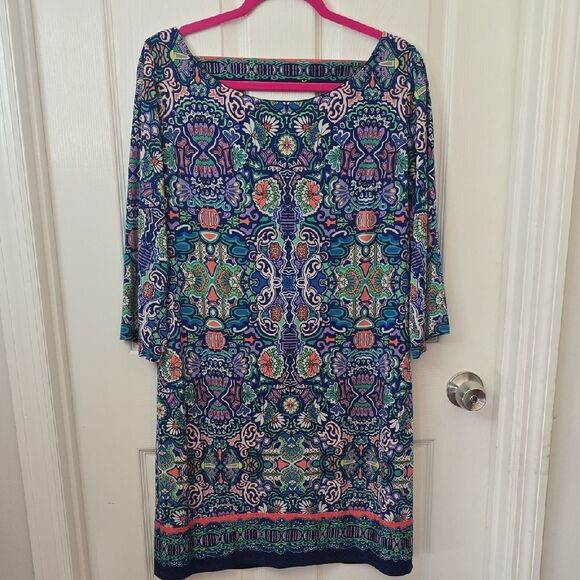 Laundry By Shelli Segal Blue and Green Long Sleeve Dress - Picture 1 of 8